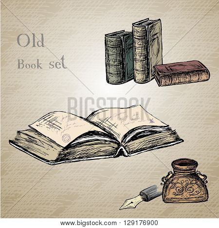 Goose feather elegant old-fashioned decorative inkpot old paper with inscription. Vintage background. Hand drawn vector