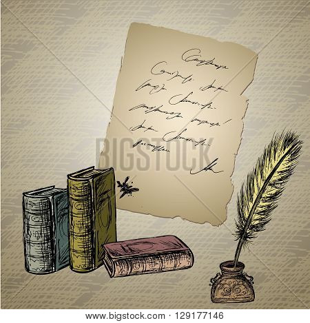 Goose feather elegant old-fashioned decorative inkpot old paper with inscription. Vintage background. Hand drawn vector