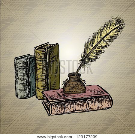 Goose feather elegant old-fashioned decorative inkpot old paper with inscription. Vintage background. Hand drawn vector
