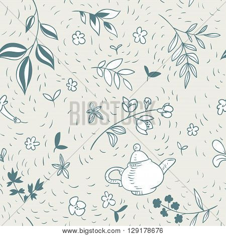 green tea and floral elements. seamless pattern