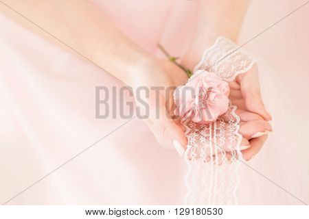 Pink Carnation flower in the hands of a girl