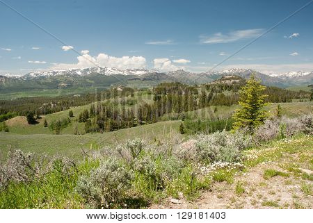 View on Hurricane Mesa Peak, Jim Smith Peak, Squaw Peak from the observation platform of the Beartooth highway, Wyoming, USA