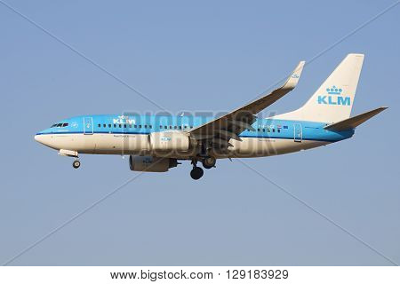 SAINT PETERSBURG, RUSSIA - MARCH 28, 2016: The Boeing 737 (PH-BGF) KLM Royal Dutch Airlines before landing at the airport Pulkovo. View profile