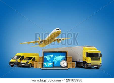Concept Of Fast International Deliveries Different Modes Of Transport Near The Boxes And Laptop 3D I