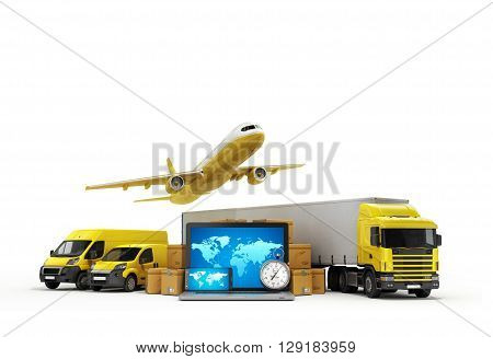 Concept Of Fast International Deliveries Different Modes Of Transport Near The Boxes And Laptop 3D I