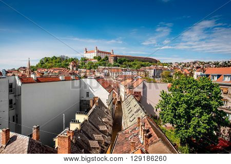 View on Bratislava castle and Bastova street with old houses from Michal's watch tower in Bratislava, Slovakia