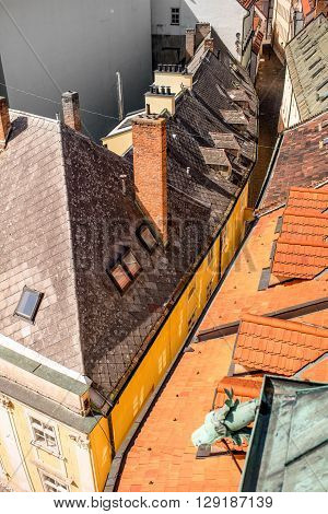 Top view on Bastova street with old houses from Michael's watch tower in Bratislava, Slovakia