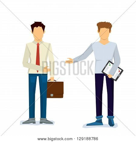 Vector concept two businessmen. One with case, another with contract sheet and outstretched hand. Isolated on white in flat style