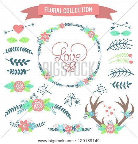 Floral Collection. Set of cute retro flowers and branches arranged un a shape of the wreath perfect for wedding invitations and birthday cards. Boho style.