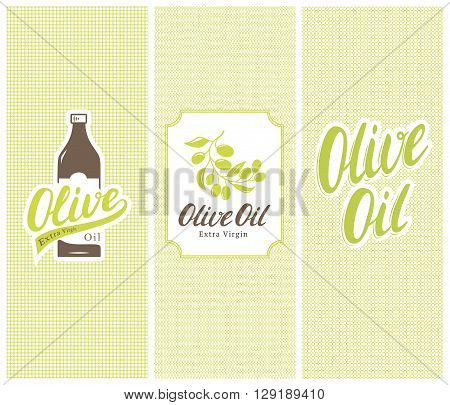 Olive oil trade mark bottle, label and stickers with logos, lettering and seamless patterns. Design elements and templates. Vector illustration.