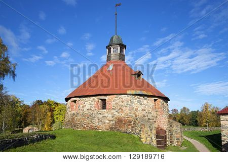 Ancient Tower Lars Torstensson, golden autumn. Korela, Priozersk, Russia