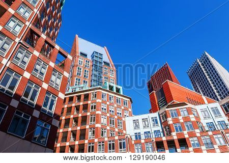 The Hague Netherlands - April 20 2016: modern buildings in The Hague. The Hague is the seat of the Dutch government and the 3rd largest city of the Netherlands with 515880 inhabitants