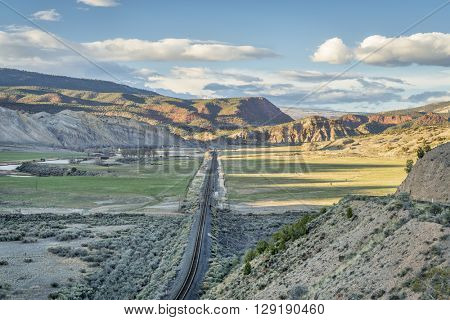 railroad in in the valley of upper Colorado RIver between State Bridge and Dotsero, Colorado, springtime scenery