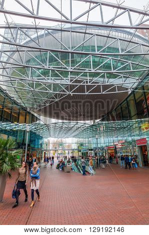 Zoetermeer Netherlands - April 22 2016: shopping center Spazio with unidentified people. From villages with 10000 inhabitants Zoetermeer grew up after 1962 to a city with 100.000 inhabitants 1991