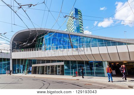 Arnhem Netherlands - April 19 2016: Arnhem Centraal railw station with unidentified people. After reconstruction it was reopened 2015. The new design was by UNStudio that won an architecture price
