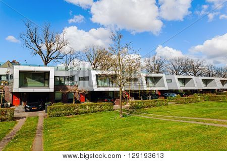 Hilversum Netherlands - April 19 2016: sound barrier houses called The Cyclops. They are part of a sound proof embankment designed by NIO architects.