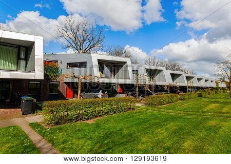 Hilversum Netherlands - April 19 2016: sound barrier houses called The Cyclops. They are part of a sound proof embankment designed by NIO architects.