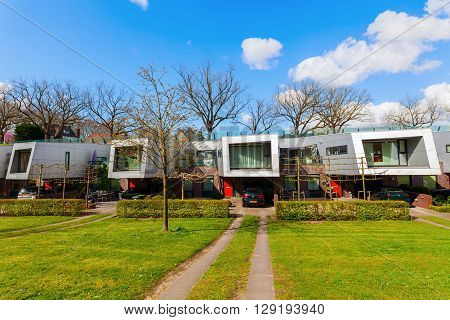 Hilversum Netherlands - April 19 2016: sound barrier houses called The Cyclops. They are part of a sound proof embankment designed by NIO architects.