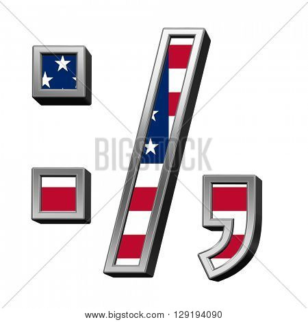 Colon, semicolon, period, comma from american flag alphabet set isolated over white. 3D illustration.