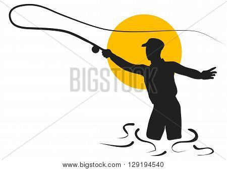 fly fishing. silhouette of man isolated on white background