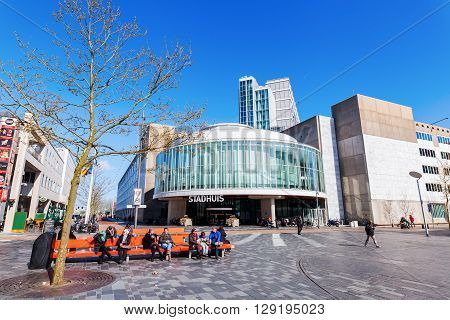 Almere Netherlands - April 19 2016: city center of Almere with unidentified people. Almere is a fast growing planned city. With a population of about 200000 it is the 7th largest Dutch city