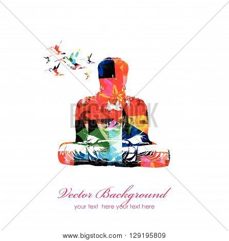 Vector illustration of colorful Buddha with hummingbirds