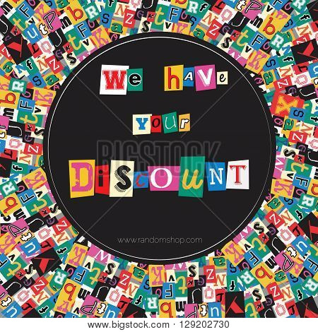 Playful sale or discount flyer and banner design template. Blackmailing ransom note style text informing about special discount offer.