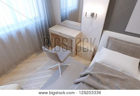 Dressing table in bedroom. Anrique white tables double sconce large mirror. 3D render