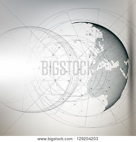 Three-dimensional dotted world globe with abstract construction and molecules on gray background, low poly design vector illustration.