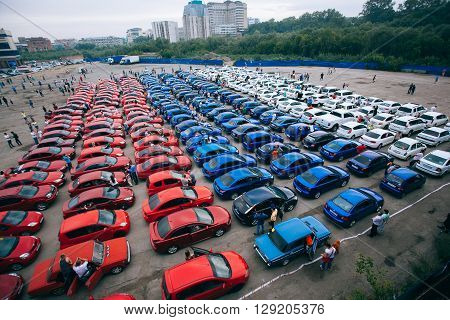 Omsk, Russia - August 22, 2014:  Car flashmob -Russian Flag landscape