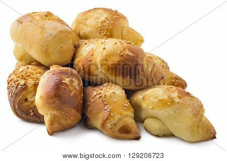 Fresh Serbian pastry rolls with cheese and sesame, kifla, kiflice, isolated on white background