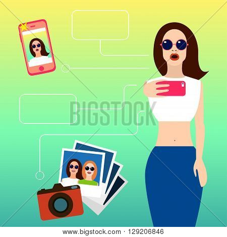 Selfie girl. Vector illustration
Selfie girl. Young beautiful girl takes pictures. Selfie culture. Flat design