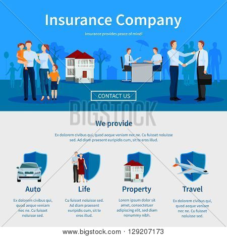 Insurance company one page website with negotiations and icons of auto travel life and property vector illustration