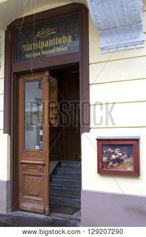 TALLINN ESTONIA- JUNE 17: Entrance to the museum of marzipans on June 17 2012 in Tallinn Estonia