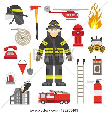 Fireman equipment flat retro style icons collection with red pump and fire extinguisher abstract isolated vector illustration