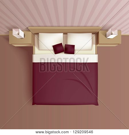 Classic family bedroom interior design with comfortable bed headboard pillows and nightstands top view realistic vector illustration