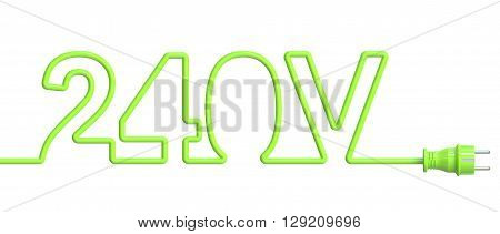 240 Volt concept from green wire and plug. 3D rendering