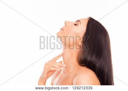 Side View Photo Of  Attractive Sensitive Woman Touching Her Neck