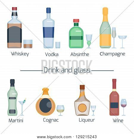 Set of different alcoholic drinks and glasses isolated on white background. Wineglasses and bottles collection. Vector illustration. Flat style