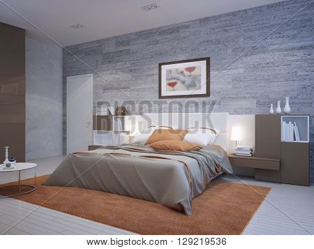 Orange bedroom art deco style. Masonry wallpaper on walls thick pile orange carpet under dressed double bed with pillows. 3D render