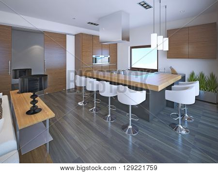 Light L-shaped kitchen design in OntoArt style. Set of brown zebrano furniture for modern kitchen. 3D render