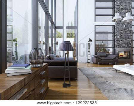 Idea of living room with panoramic windows. High-ceiling living room for rest with fireplace. White low table with grey carpet at the floor and lether furniture perfectly combined. 3D render