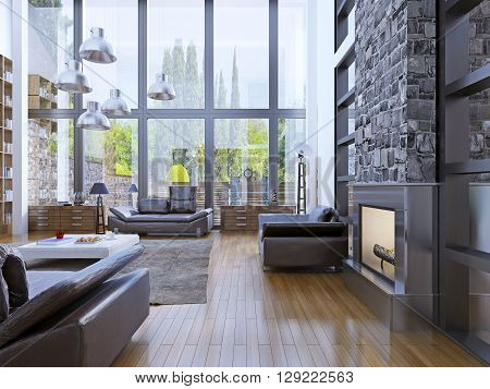 Loft apartment interior design with panoramic window. Living room with grey hanging lamp upper white low table. 3D render