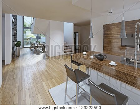 High-tech styled kitchen with dining room. The bar counter with stools black. Kitchen furniture is made in the texture of striped dark wood. Two-storey panoramic window perfectly illuminate the entire room. The kitchen is located on a hill made of polishe