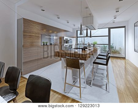 Kitchen high-tech style. Kitchen with breakfast bar embedded on the island. Bright and spacious interior for those who like everything new. 3D render