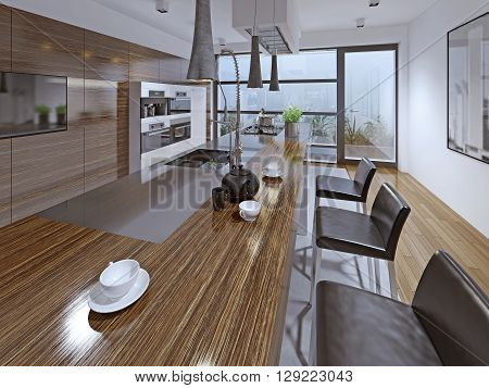 Modern kitchen with using of zebrano facade.Leather bar stools. Drinking tea and coffee. Comfortable luxury design modern kitchen with quality lighting. 3D render