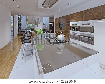 Comfortable kitchen in a private house. 3D render