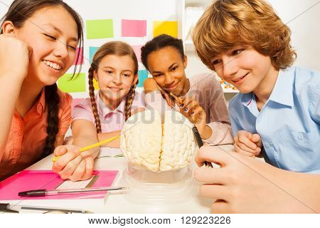 Four multi ethnic students studying the anatomy with cerebrum model at the classroom
