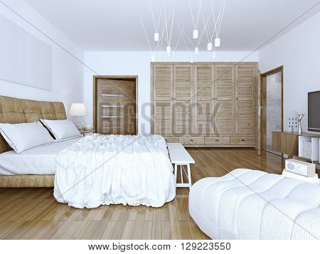 Idea of spacious loft bedchamber. 3D render