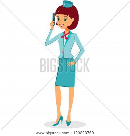 Cheerful cartoon flight attendant in uniform talking on smartphone vector illustration professional occupation character. Isolated on white background. Communication in the air concept